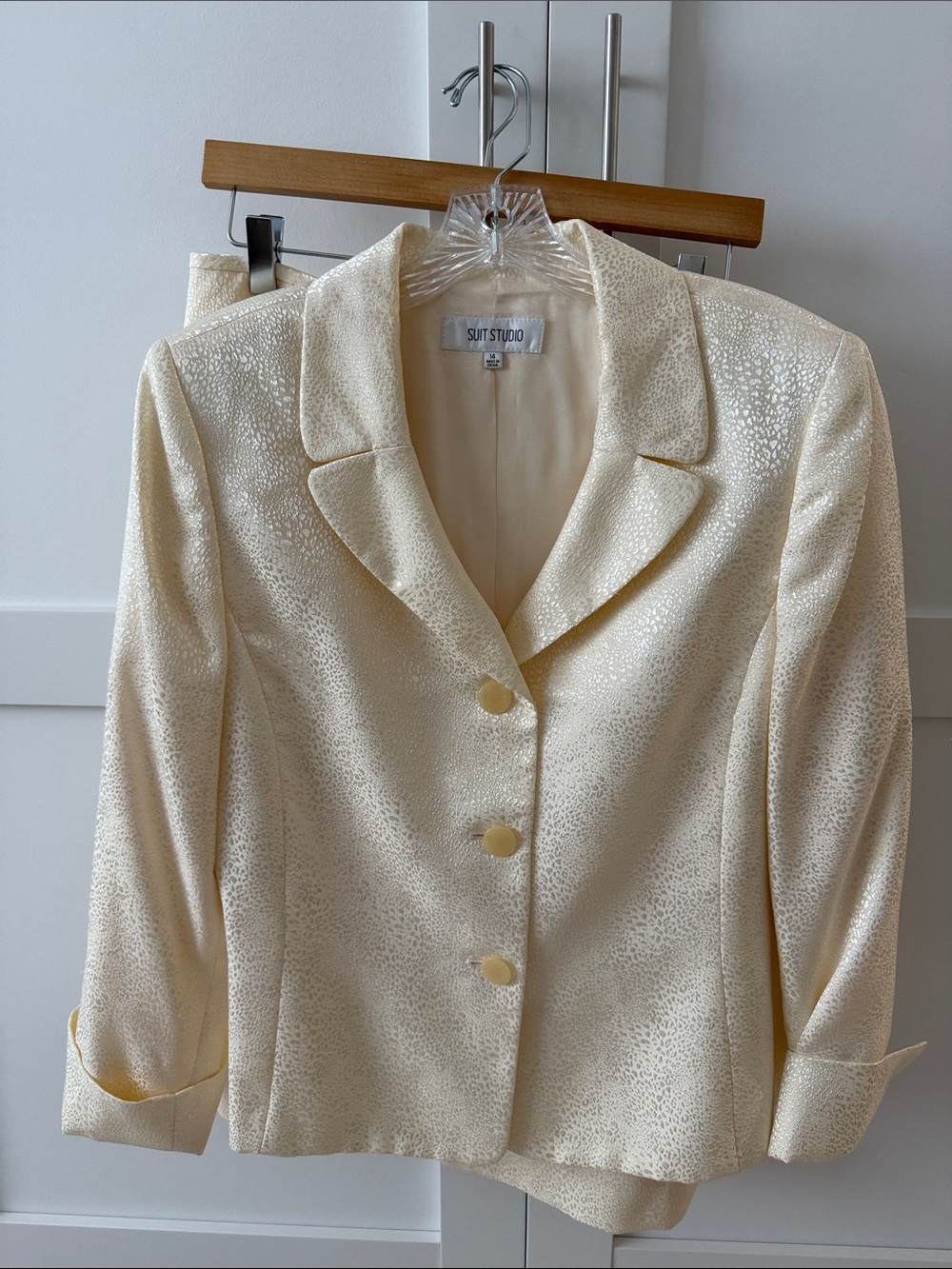 Suit Studio Cream Satin Textured Suit- Jacket and Skirt